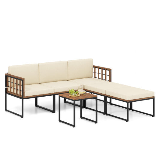 6 Pieces Acacia Wood Patio Furniture Set with Coffee Table and Ottomans-Beige LuxuryLifeWay Online Store