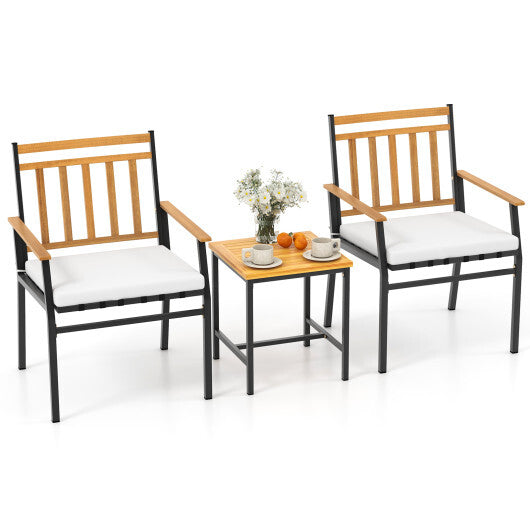 3 Pieces Outdoor Furniture Set Acacia Wood Patio Conversation Set with Cushions-White LuxuryLifeWay Online Store