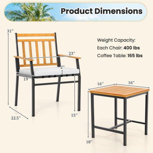 3 Pieces Outdoor Furniture Set Acacia Wood Patio Conversation Set with Cushions-White LuxuryLifeWay Online Store