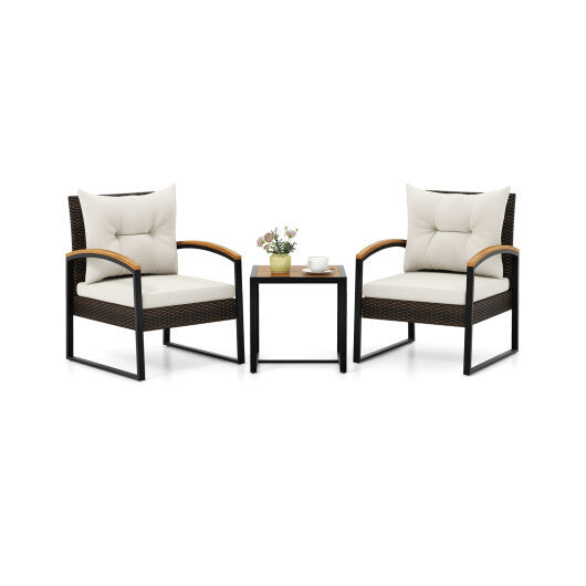 3 Piece Patio Conversation Set with Solid Acacia Wood  Armrests and Tabletop-White LuxuryLifeWay Online Store