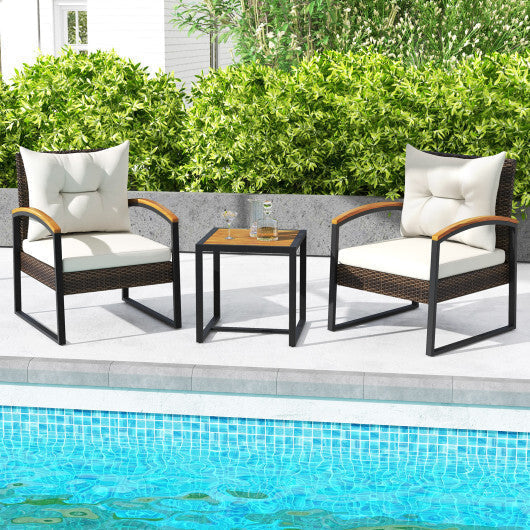 3 Piece Patio Conversation Set with Solid Acacia Wood  Armrests and Tabletop-White LuxuryLifeWay Online Store