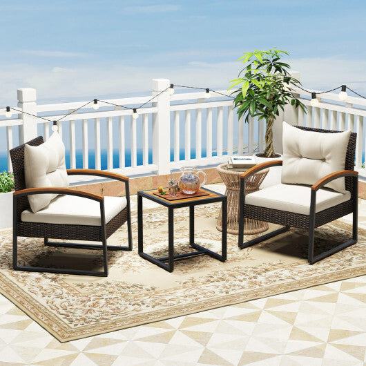 3 Piece Patio Conversation Set with Solid Acacia Wood  Armrests and Tabletop-White LuxuryLifeWay Online Store