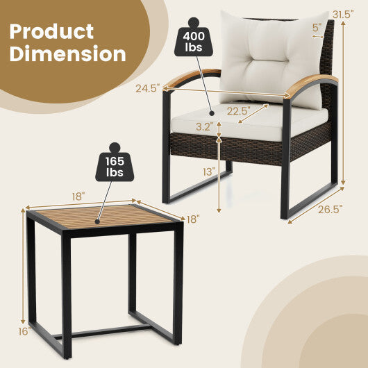 3 Piece Patio Conversation Set with Solid Acacia Wood  Armrests and Tabletop-White LuxuryLifeWay Online Store