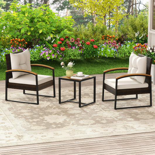 3 Piece Patio Conversation Set with Solid Acacia Wood  Armrests and Tabletop-White LuxuryLifeWay Online Store
