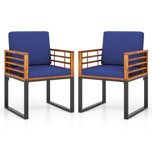 Acacia Wood Outdoor Dining Chairs Set of 2 with Soft Cushions-Navy LuxuryLifeWay Online Store