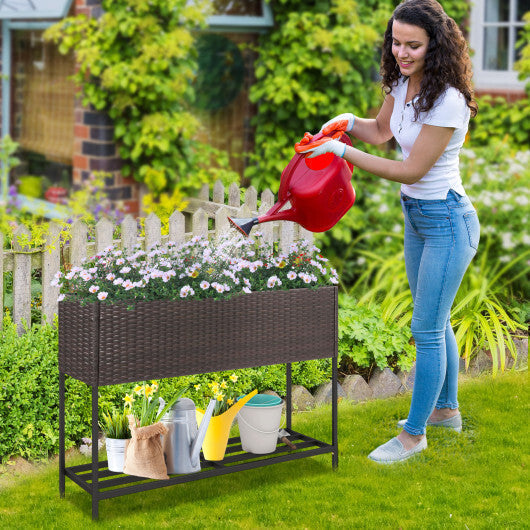 Wicker Raised Garden Bed with Storage Shelf and Drainage Gaps for Flowers LuxuryLifeWay Online Store
