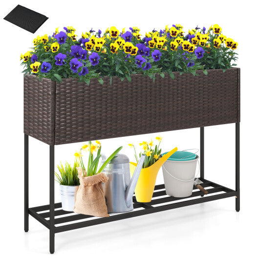 Wicker Raised Garden Bed with Storage Shelf and Drainage Gaps for Flowers LuxuryLifeWay Online Store