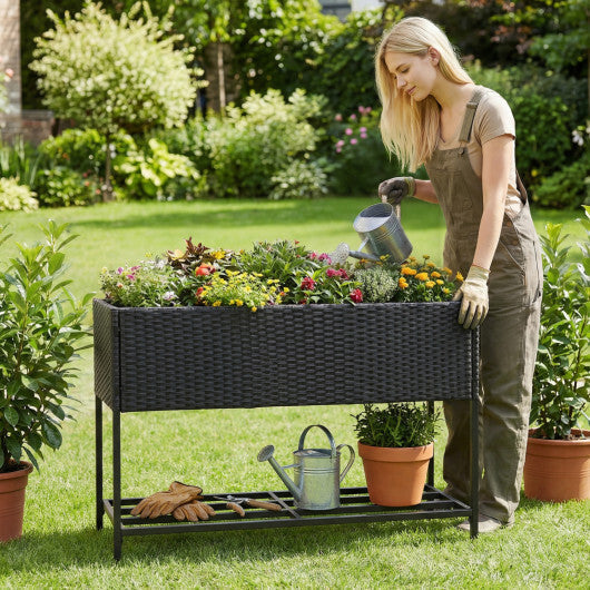 Wicker Raised Garden Bed with Storage Shelf and Drainage Gaps for Flowers LuxuryLifeWay Online Store