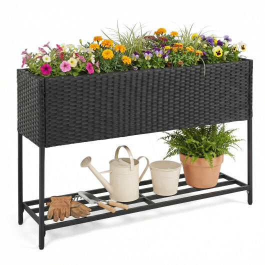 Wicker Raised Garden Bed with Storage Shelf and Drainage Gaps for Flowers LuxuryLifeWay Online Store