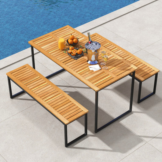 Acacia Wood Dining Table for 6 People with Slatted Tabletop and Umbrella Hole LuxuryLifeWay Online Store