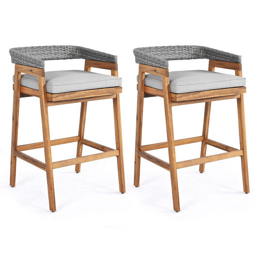 Set of 2 Patio Acacia Wood Counter Height Bar Stools with Cushions and PE Wicker Backrests Footrests-Gray LuxuryLifeWay Online Store