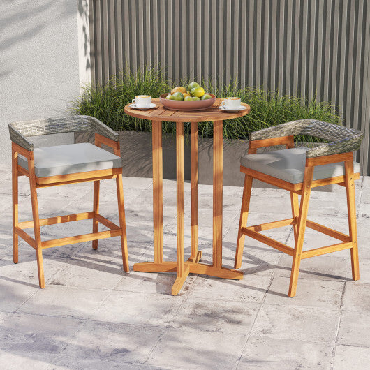 Set of 2 Patio Acacia Wood Counter Height Bar Stools with Cushions and PE Wicker Backrests Footrests-Gray LuxuryLifeWay Online Store