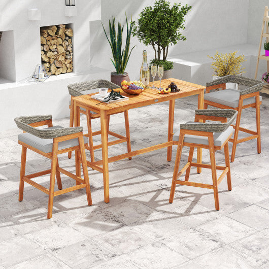 Set of 2 Patio Acacia Wood Counter Height Bar Stools with Cushions and PE Wicker Backrests Footrests-Gray LuxuryLifeWay Online Store