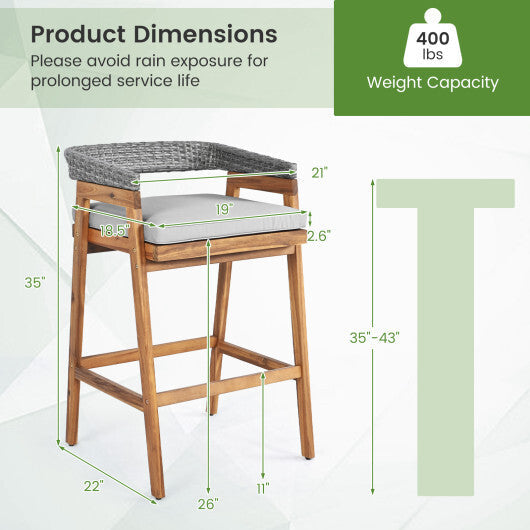 Set of 2 Patio Acacia Wood Counter Height Bar Stools with Cushions and PE Wicker Backrests Footrests-Gray LuxuryLifeWay Online Store
