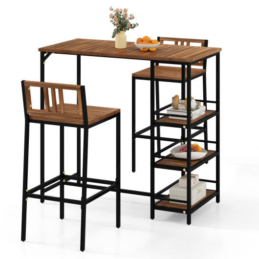 3 Pieces Outdoor Wood Bar Set with 3-Tier Storage Shelf and Metal Frame LuxuryLifeWay Online Store