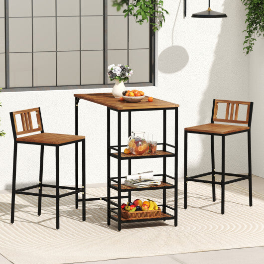 3 Pieces Outdoor Wood Bar Set with 3-Tier Storage Shelf and Metal Frame LuxuryLifeWay Online Store