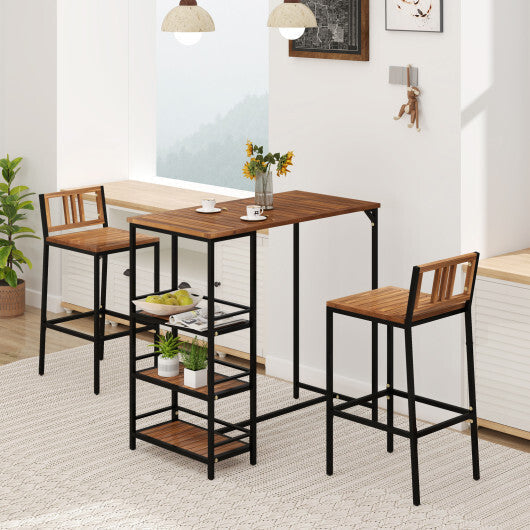 3 Pieces Outdoor Wood Bar Set with 3-Tier Storage Shelf and Metal Frame LuxuryLifeWay Online Store