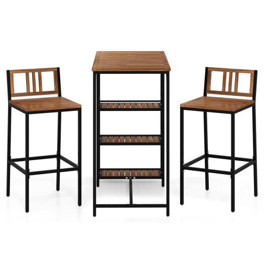 3 Pieces Outdoor Wood Bar Set with 3-Tier Storage Shelf and Metal Frame LuxuryLifeWay Online Store