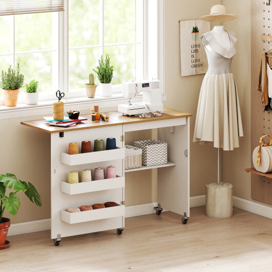 Sewing Machine Table with Charging Station and Lockable Casters-Natural