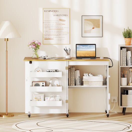 Sewing Machine Table with Charging Station and Lockable Casters-Natural