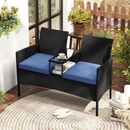 Patio Loveseat with Built-in Table for Backyard Porch-Navy LuxuryLifeWay Online Store