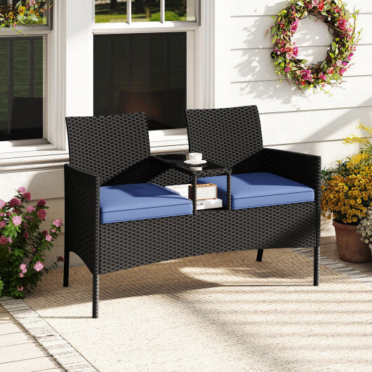 Patio Loveseat with Built-in Table for Backyard Porch-Navy LuxuryLifeWay Online Store