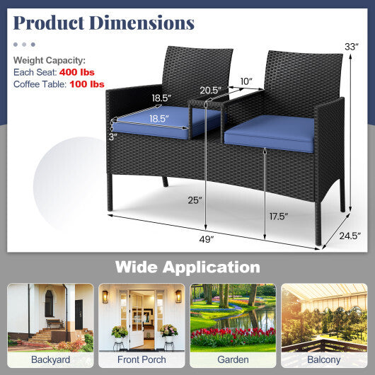 Patio Loveseat with Built-in Table for Backyard Porch-Navy LuxuryLifeWay Online Store