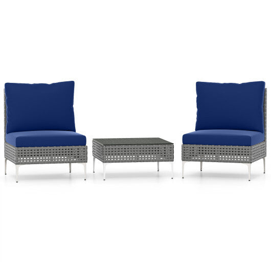 3 Pieces PE Rattan Conversation Chairs with Tempered Glass Coffee Table for Garden Porch-Navy LuxuryLifeWay Online Store
