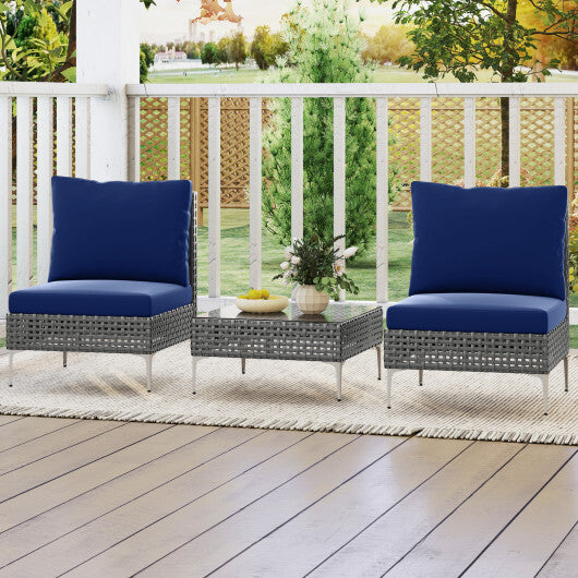3 Pieces PE Rattan Conversation Chairs with Tempered Glass Coffee Table for Garden Porch-Navy LuxuryLifeWay Online Store