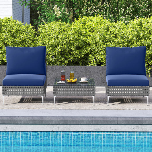 3 Pieces PE Rattan Conversation Chairs with Tempered Glass Coffee Table for Garden Porch-Navy LuxuryLifeWay Online Store