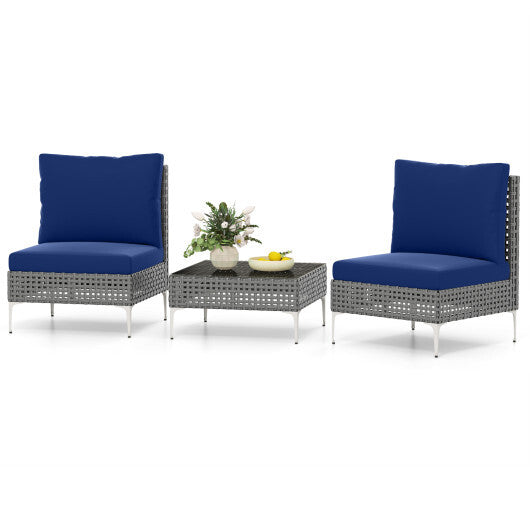 3 Pieces PE Rattan Conversation Chairs with Tempered Glass Coffee Table for Garden Porch-Navy LuxuryLifeWay Online Store