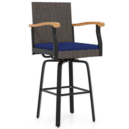 Outdoor 360 Swivel Bar Stool with Cushion and Acacia Wood Armrests-F-Navy LuxuryLifeWay Online Store
