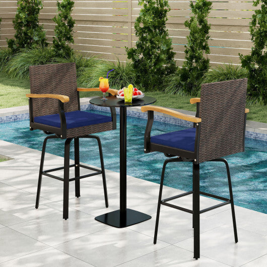 Outdoor 360 Swivel Bar Stool with Cushion and Acacia Wood Armrests-F-Navy LuxuryLifeWay Online Store