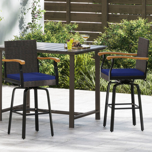 Outdoor 360 Swivel Bar Stool with Cushion and Acacia Wood Armrests-F-Navy LuxuryLifeWay Online Store
