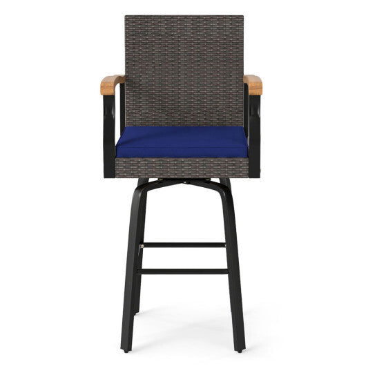 Outdoor 360 Swivel Bar Stool with Cushion and Acacia Wood Armrests-F-Navy LuxuryLifeWay Online Store