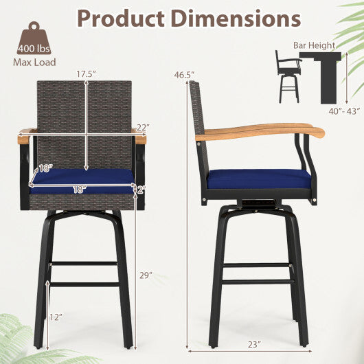 Outdoor 360 Swivel Bar Stool with Cushion and Acacia Wood Armrests-F-Navy LuxuryLifeWay Online Store