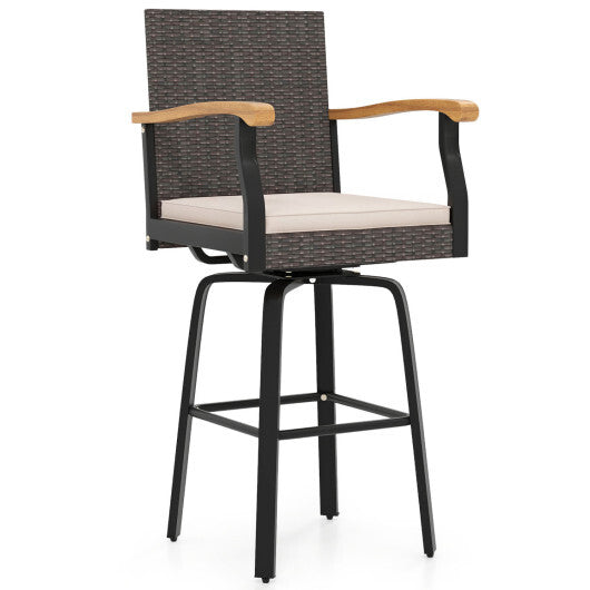 Outdoor 360 Swivel Bar Stool with Cushion and Acacia Wood Armrests-F-Navy LuxuryLifeWay Online Store