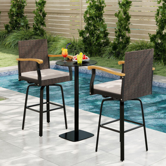 Outdoor 360 Swivel Bar Stool with Cushion and Acacia Wood Armrests-F-Navy LuxuryLifeWay Online Store