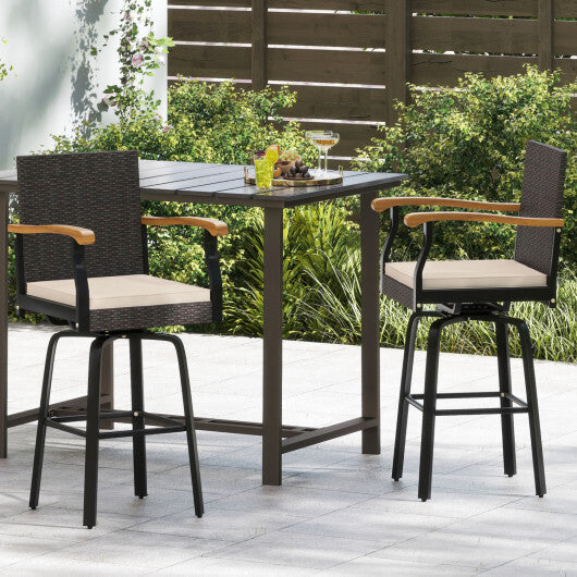 Outdoor 360 Swivel Bar Stool with Cushion and Acacia Wood Armrests-F-Navy LuxuryLifeWay Online Store