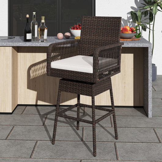 29 Inches Patio 360? Swivel Bar Stool with Cross-Woven Armrests and Seat Cushion-White LuxuryLifeWay Online Store