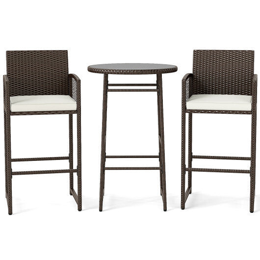 3 Piece Patio Bar Set Outdoor Wicker Bar Height Table and Armchairs-White LuxuryLifeWay Online Store
