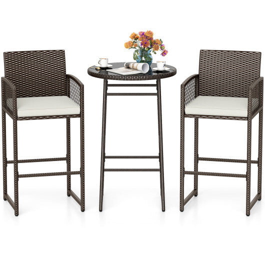3 Piece Patio Bar Set Outdoor Wicker Bar Height Table and Armchairs-White LuxuryLifeWay Online Store
