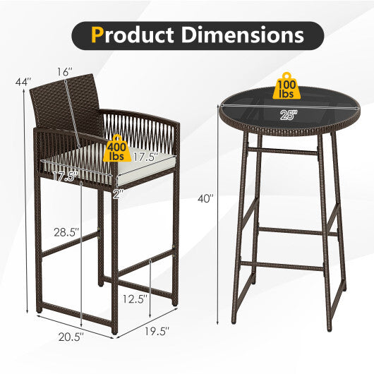 3 Piece Patio Bar Set Outdoor Wicker Bar Height Table and Armchairs-White LuxuryLifeWay Online Store