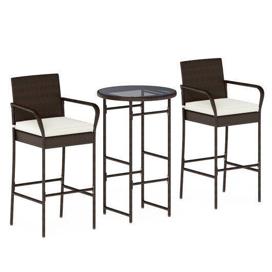 3 Piece Outdoor Bar Set with 2 Seat Cushions for Porch Yard-White LuxuryLifeWay Online Store