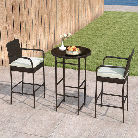 3 Piece Outdoor Bar Set with 2 Seat Cushions for Porch Yard-White LuxuryLifeWay Online Store