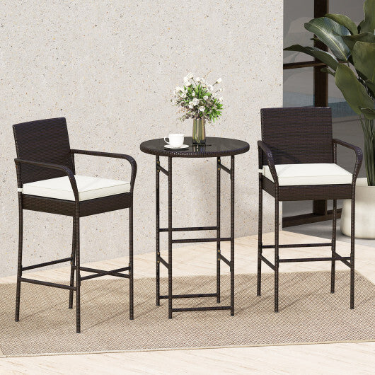 3 Piece Outdoor Bar Set with 2 Seat Cushions for Porch Yard-White LuxuryLifeWay Online Store