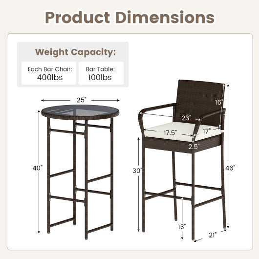 3 Piece Outdoor Bar Set with 2 Seat Cushions for Porch Yard-White LuxuryLifeWay Online Store