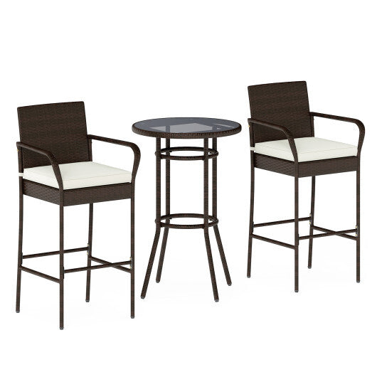Patio Rattan Bar Height Table and Chairs with 2 Seat Cushions for Porch-White LuxuryLifeWay Online Store