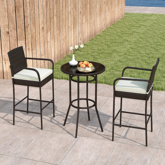 Patio Rattan Bar Height Table and Chairs with 2 Seat Cushions for Porch-White LuxuryLifeWay Online Store