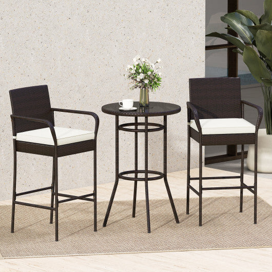 Patio Rattan Bar Height Table and Chairs with 2 Seat Cushions for Porch-White LuxuryLifeWay Online Store